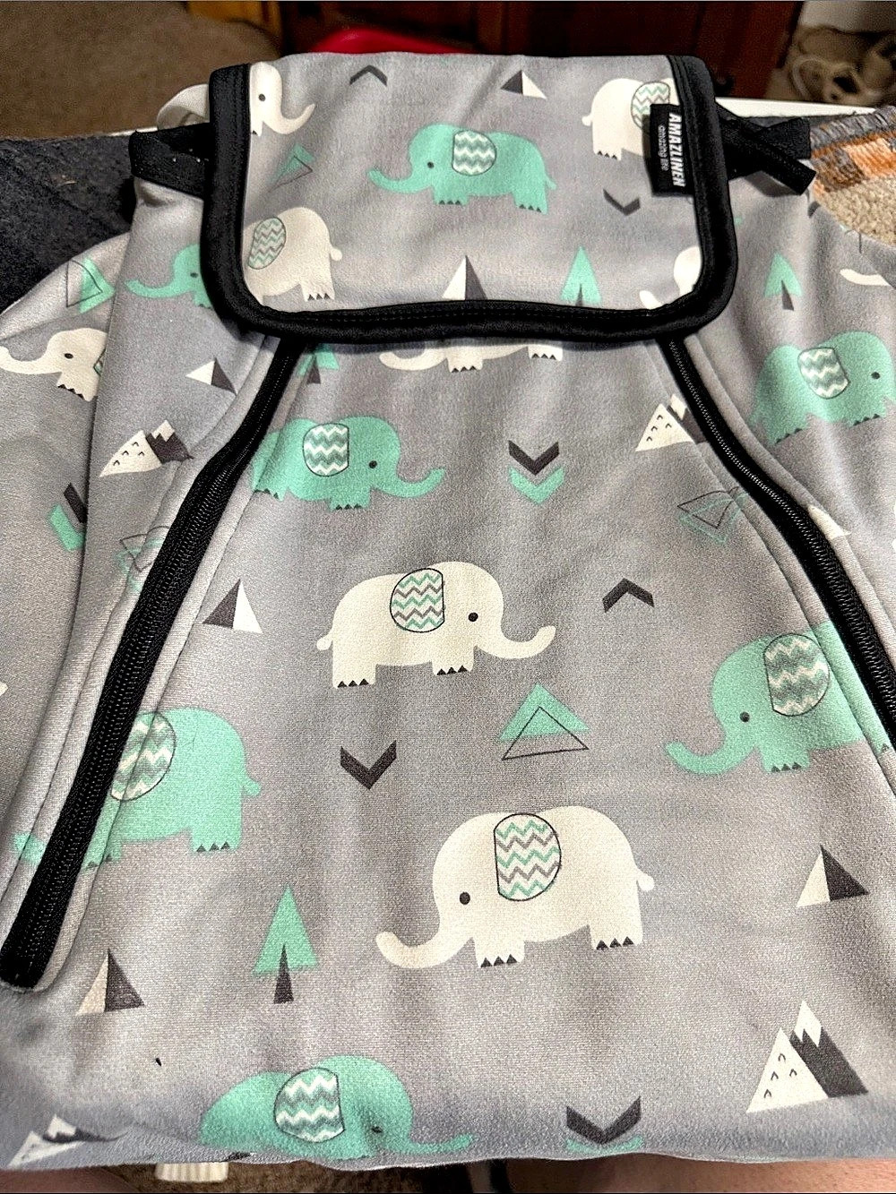 AMAZON ESSENTIALS Elephant Print Footie Gray & Green car seat cover